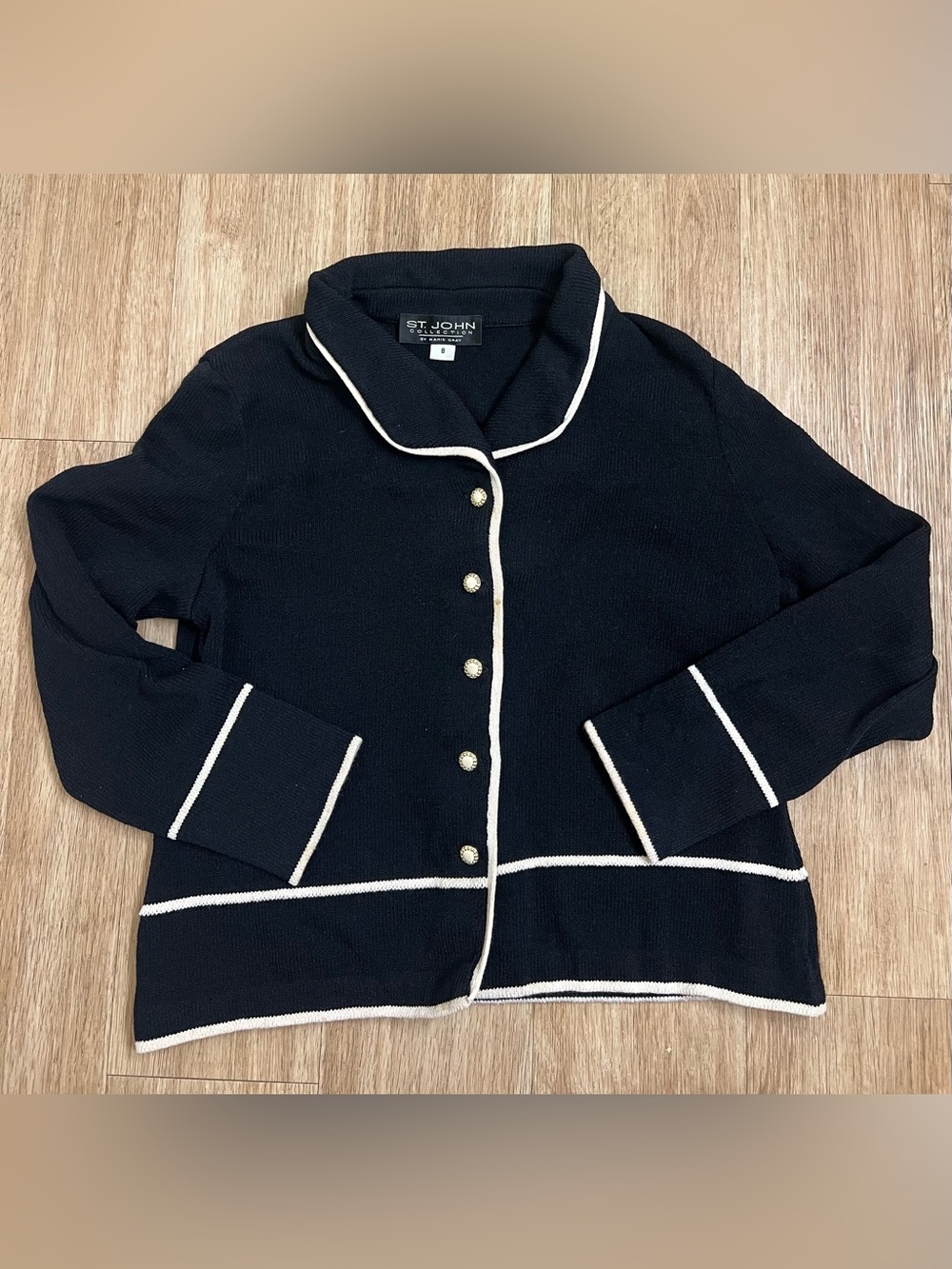 St. John Black Knit Cardigan with White Trim
